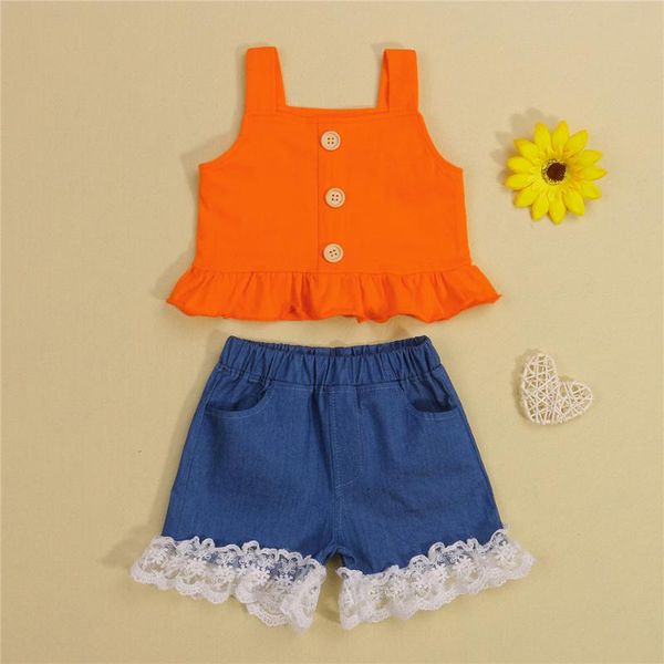 clothing sets kids sweet style little girls outfit, summer flouncing hem sleeveless suspender + lace edge denim shorts casual set, White
clothing sets kids sweet style little girls outfit, summer flouncing hem sleeveless suspender + lace edge denim shorts casual set, White