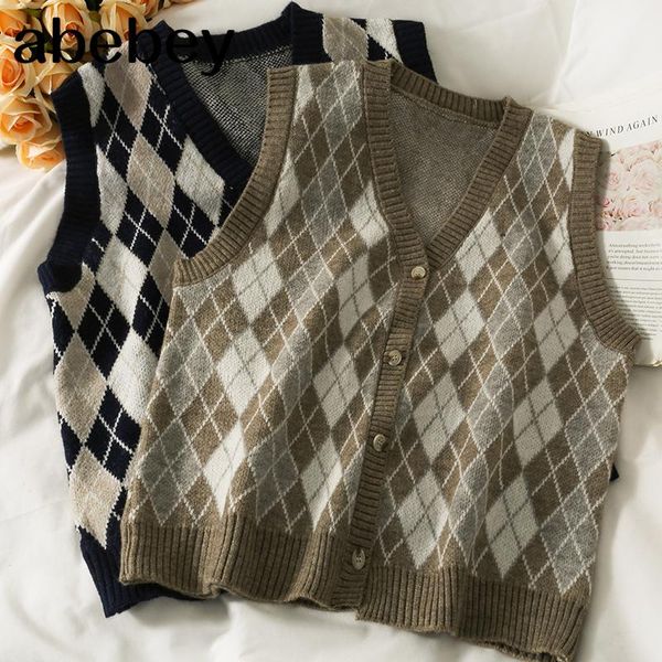 women's knits & tees vintage v-neck sleeveless knitted cardigan color matching plaid single breasted loose sweater vest 2021 spring aut, White
women's knits & tees vintage v-neck sleeveless knitted cardigan color matching plaid single breasted loose sweater vest 2021 spring aut, White
