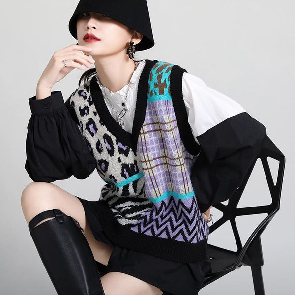 women's vests autumn leopard spliced knitted vest women irregular color matching design sweater waistcoat casual outerwear coats t881, Black;white
women's vests autumn leopard spliced knitted vest women irregular color matching design sweater waistcoat casual outerwear coats t881, Black;white