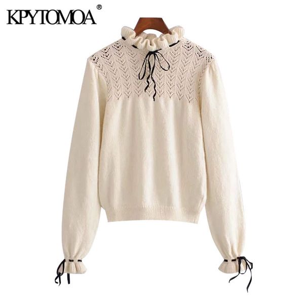 women fashion with bows hollow out knitted sweater vintage high neck long sleeve female pullovers chic 210416, White;black
women fashion with bows hollow out knitted sweater vintage high neck long sleeve female pullovers chic 210416, White;black