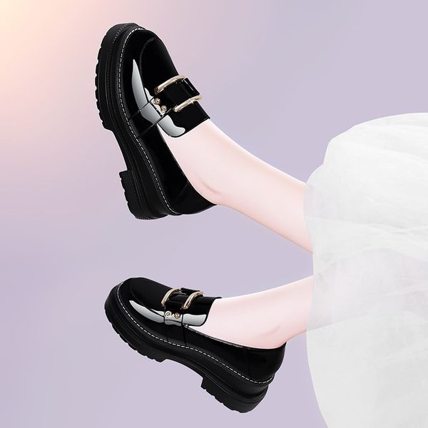 thick sole single british style small spring lefu leather women's sho 9824, Black
