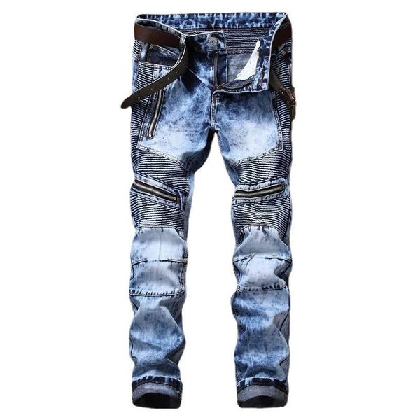 spring brand fashion designer men's jeans slim fit straight tube pleated zipper holes punk denim moto pants, Blue
spring brand fashion designer men's jeans slim fit straight tube pleated zipper holes punk denim moto pants, Blue