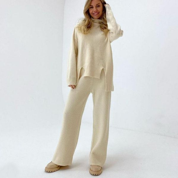 women's two piece pants floy fashion casual solid knitted suits women elegant turtleneck irregular sweaters suit wide leg ladies, White
women's two piece pants floy fashion casual solid knitted suits women elegant turtleneck irregular sweaters suit wide leg ladies, White