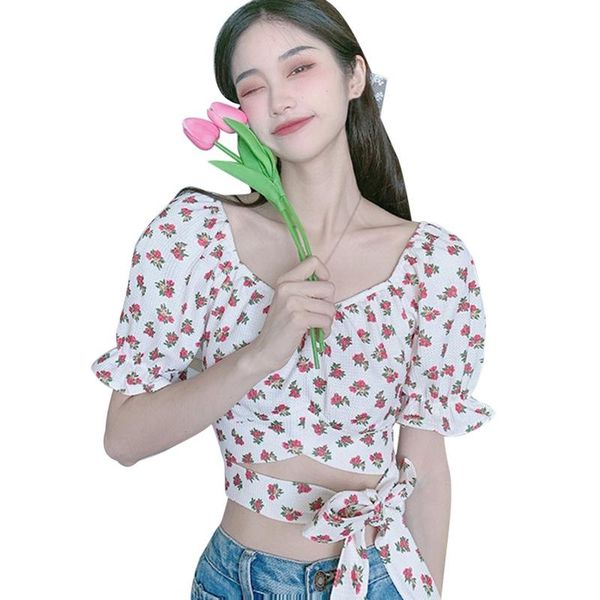 summer style french square collar floral exposed clavicle high waist short puff sleeve lace-up women's t-shirt, White
summer style french square collar floral exposed clavicle high waist short puff sleeve lace-up women's t-shirt, White