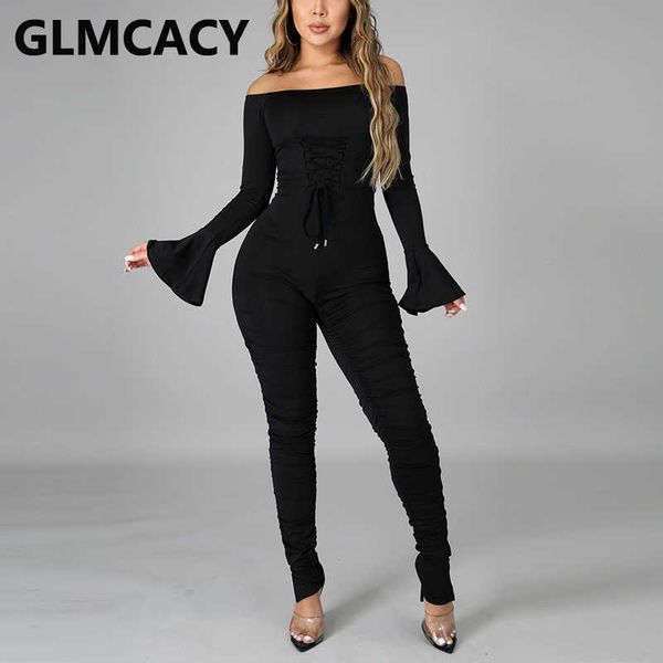 women flare sleeve off shoulder jumpsuits lace up front casual solid overalls jumpsuit 210702, Black;white
women flare sleeve off shoulder jumpsuits lace up front casual solid overalls jumpsuit 210702, Black;white