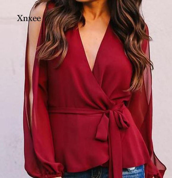 women's blouses & shirts women chiffon blouse off shoulder long sleeve elegant bandage deep v office, White
women's blouses & shirts women chiffon blouse off shoulder long sleeve elegant bandage deep v office, White