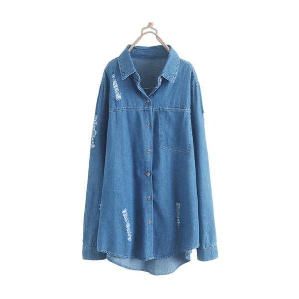 women's blouses & shirts style korean casual lapel distressed hole solid denim long-sleeved shirt summer clothes for women, White
women's blouses & shirts style korean casual lapel distressed hole solid denim long-sleeved shirt summer clothes for women, White