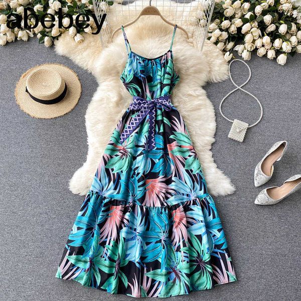 summer dresse elegant print long beach dress korean high waist backless dress belt vestido 210715, Black;gray
summer dresse elegant print long beach dress korean high waist backless dress belt vestido 210715, Black;gray