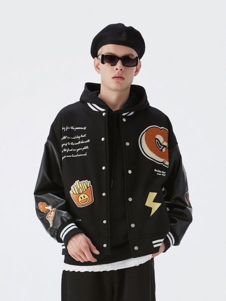 men cartoon embroidered patched slogan graphic drop shoulder bomber jacket l4fz#, Black;brown
men cartoon embroidered patched slogan graphic drop shoulder bomber jacket l4fz#, Black;brown