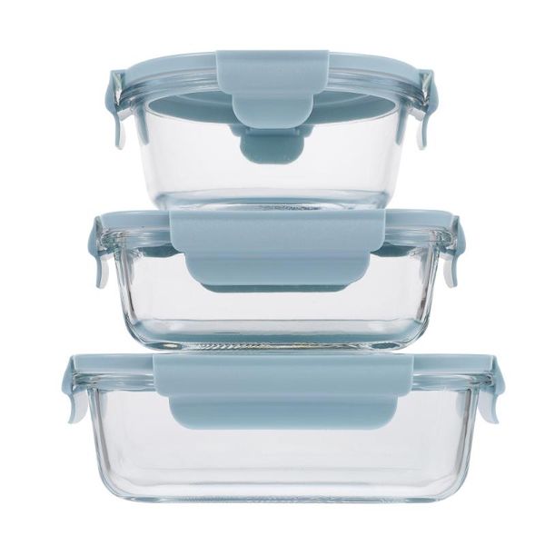 dinnerware sets 3pcs glass box portable lunch containers picnic (blue)