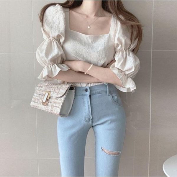 women summer shirt sweet all-match exposed clavicle square collar lantern sleeve shirts ladies short blouse women's blouses &, White
women summer shirt sweet all-match exposed clavicle square collar lantern sleeve shirts ladies short blouse women's blouses &, White