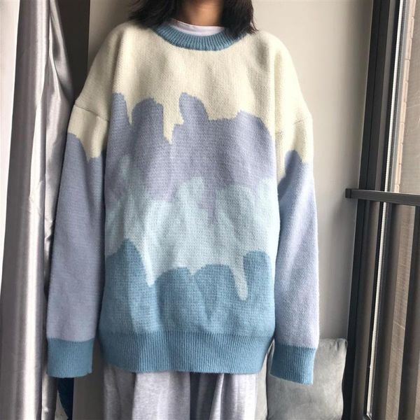 women's sweaters 2021 autumn winter water painting jacquard sweater round neck loose soft knit pullover wool blue green jumper, White;black
women's sweaters 2021 autumn winter water painting jacquard sweater round neck loose soft knit pullover wool blue green jumper, White;black