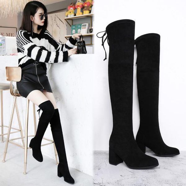 boots women shoes winter thigh high elastic woman long thin overknee 41, Black