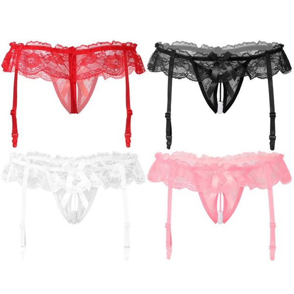 women's panties womens lace trim crotchless underwear artificial pearl garters underpants see through mesh g-string t-back thong erotic, Black;pink