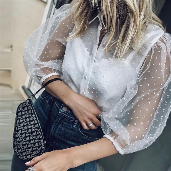 women shirts ladies mesh sheer perspective chiffon shirt long puff sleeve fashion chiffon blouse, White
women shirts ladies mesh sheer perspective chiffon shirt long puff sleeve fashion chiffon blouse, White