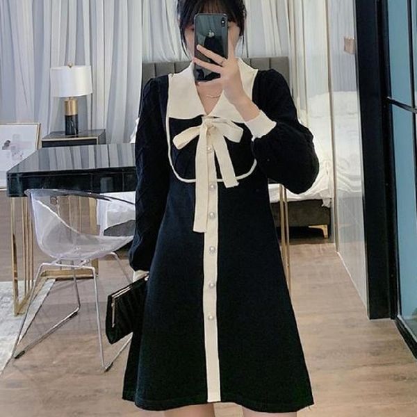 female 2021 winter one-piece dress korean sweater women bow casual button long sleeve elegant office knitted dresses, Black;gray
female 2021 winter one-piece dress korean sweater women bow casual button long sleeve elegant office knitted dresses, Black;gray
