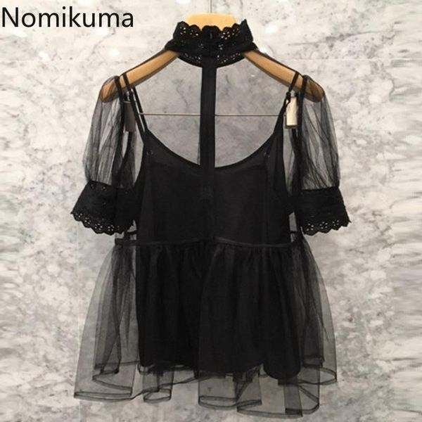 women's blouses & shirts nomikuma 2021 summer blouse two pieces sets perspective mesh stand neck short sleeve + black basic sling vest, White
women's blouses & shirts nomikuma 2021 summer blouse two pieces sets perspective mesh stand neck short sleeve + black basic sling vest, White
