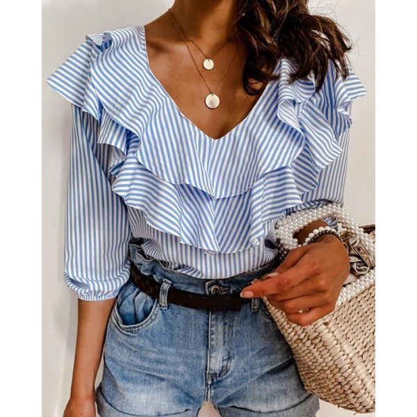 women's polos blue striped ruffles shirt summer office lady half sleeve v-neck shirts elegant female tshirt clothing 2021 outfit, White
women's polos blue striped ruffles shirt summer office lady half sleeve v-neck shirts elegant female tshirt clothing 2021 outfit, White