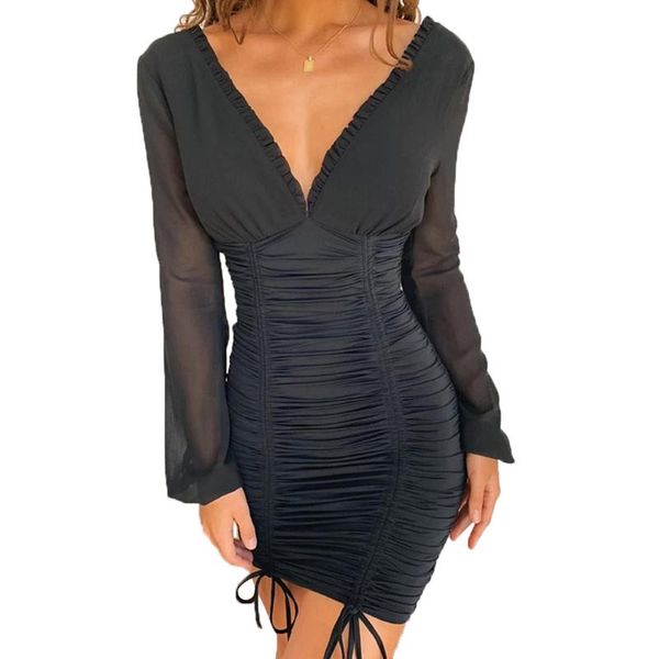 long-sleeved deep v-neck backless pleated dress with wooden ears and black slim breathable drawstring hip casual dresses, Black;gray
long-sleeved deep v-neck backless pleated dress with wooden ears and black slim breathable drawstring hip casual dresses, Black;gray