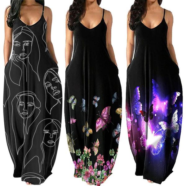 casual dresses women's summer maxi sling large size ladies printing u neck sleeveless long plus beach dress robe femme, Black;gray