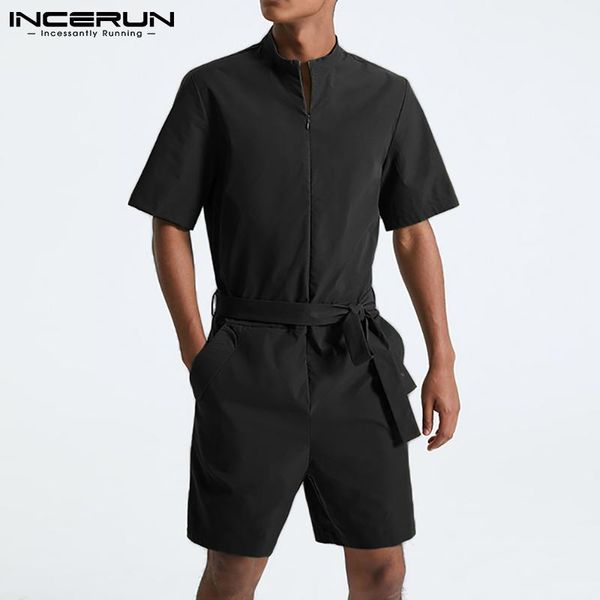 men's shorts incerun fashion men rompers solid color v neck short sleeve zipper casual jumpsuits with belt pockets streetwear 2021 over, White;black
men's shorts incerun fashion men rompers solid color v neck short sleeve zipper casual jumpsuits with belt pockets streetwear 2021 over, White;black