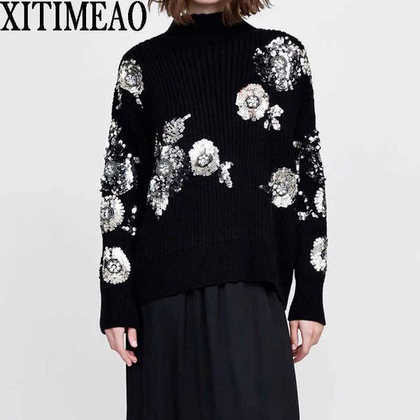 za women fashion beading sequins loose knitted sweaters vintage high collar long sleeve female pullovers chic 210602, White;black
za women fashion beading sequins loose knitted sweaters vintage high collar long sleeve female pullovers chic 210602, White;black