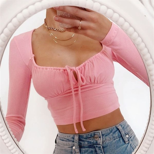women's t-shirt autumn clothing t-shirts ribbed bandage lace up ruched crop long sleeve sqaure neck knitted cropped streetwear n15e, White
women's t-shirt autumn clothing t-shirts ribbed bandage lace up ruched crop long sleeve sqaure neck knitted cropped streetwear n15e, White