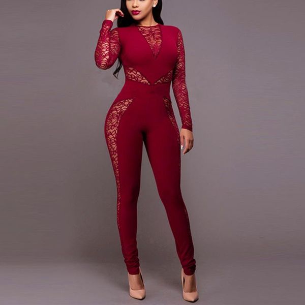 women's jumpsuits & rompers burgundy patchwork hollow out see through lace bodysuit women clubwear autumn wrapped long sleeve, Black;white 
women's jumpsuits & rompers burgundy patchwork hollow out see through lace bodysuit women clubwear autumn wrapped long sleeve, Black;white