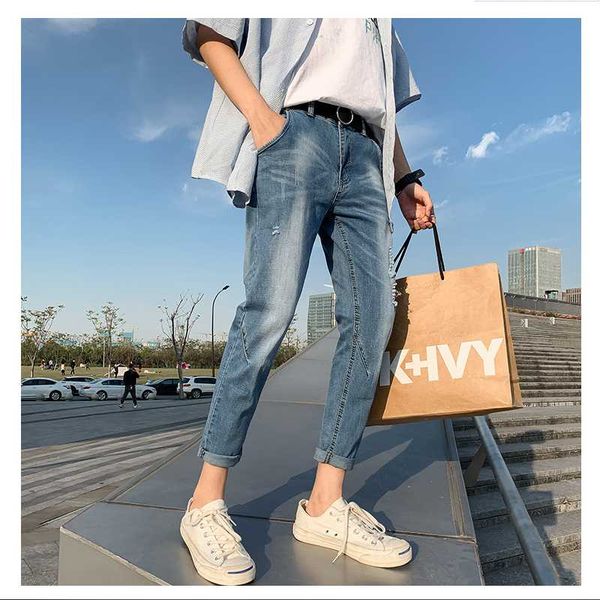 men's jeans ripped korean elastic casual nine minutes spring thin trend light, Blue
men's jeans ripped korean elastic casual nine minutes spring thin trend light, Blue