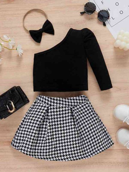 baby one shoulder & houndstooth print skirt with headband she, Blue