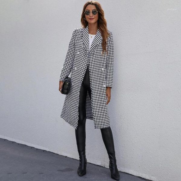 women's wool & blends women autumn coat slim mid length houndstooth patchwork long sleeve double breasted lapel vintage fashion western, Black
women's wool & blends women autumn coat slim mid length houndstooth patchwork long sleeve double breasted lapel vintage fashion western, Black