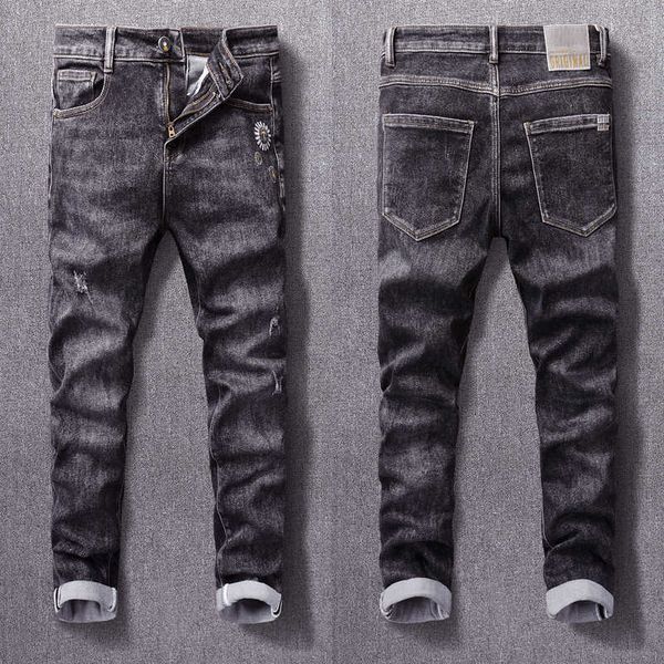 korean fashion men jeans retro black gray elastic slim fit ripped embroidery designer casual denim pants azq5, Blue
korean fashion men jeans retro black gray elastic slim fit ripped embroidery designer casual denim pants azq5, Blue