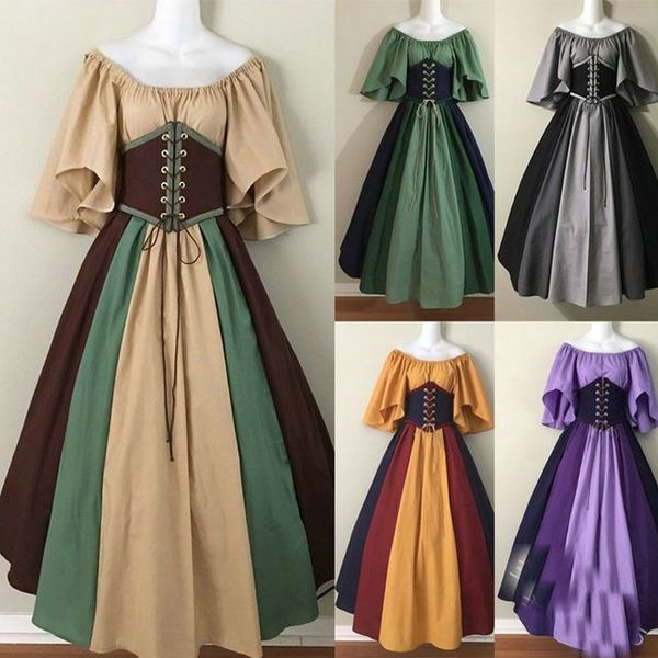 theme costume s-5xl european and american medieval vintage dress contrast stitching fly sleeve lace up waist large swing skirt off shoulder, Black;red
theme costume s-5xl european and american medieval vintage dress contrast stitching fly sleeve lace up waist large swing skirt off shoulder, Black;red
