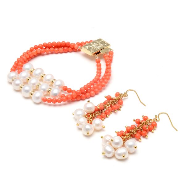 guaiguai jewelry3 strands 4mm orange coral cultured white pearl lariat long sweater chain bracelet earrings sets for women, Silver
guaiguai jewelry3 strands 4mm orange coral cultured white pearl lariat long sweater chain bracelet earrings sets for women, Silver