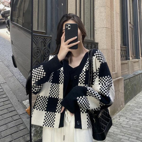 women's knits & tees women cardigan knitted sweater autumn long sleeve v neck jumper checkerboard cardigans england style single breast, White
women's knits & tees women cardigan knitted sweater autumn long sleeve v neck jumper checkerboard cardigans england style single breast, White