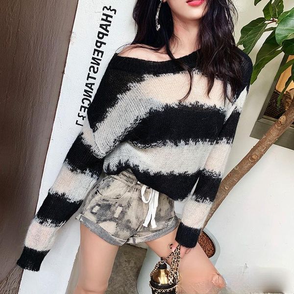 women's sweaters woman black white striped hole knit oversized pullover sweater fashion transparent mohair vintage autumn 2021, White;black
women's sweaters woman black white striped hole knit oversized pullover sweater fashion transparent mohair vintage autumn 2021, White;black