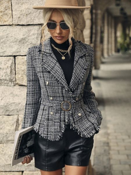 plaid pattern raw trim lapel neck double breasted belted tweed overcoat 052j#, Black
plaid pattern raw trim lapel neck double breasted belted tweed overcoat 052j#, Black