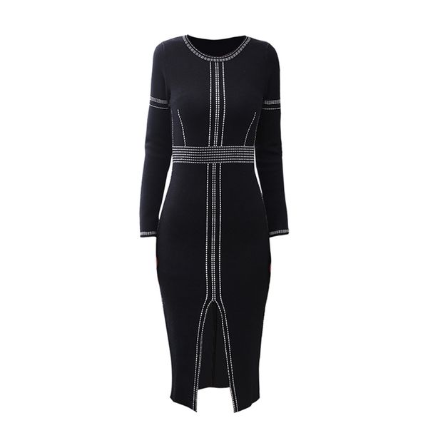 black and white o neck full long sleeve geometric knitted knee length pencil split autumn winter dress elegant d0753 210514, Black;gray
black and white o neck full long sleeve geometric knitted knee length pencil split autumn winter dress elegant d0753 210514, Black;gray