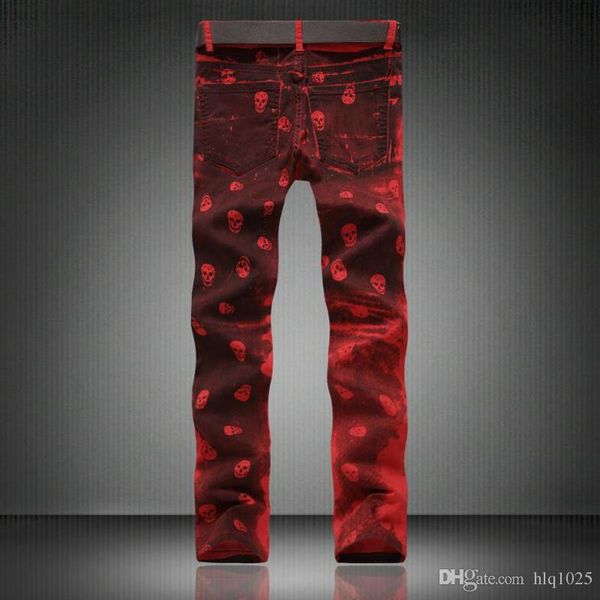 new personality ink splashes printed casual slim red skull printing jeans men pants, Blue
new personality ink splashes printed casual slim red skull printing jeans men pants, Blue