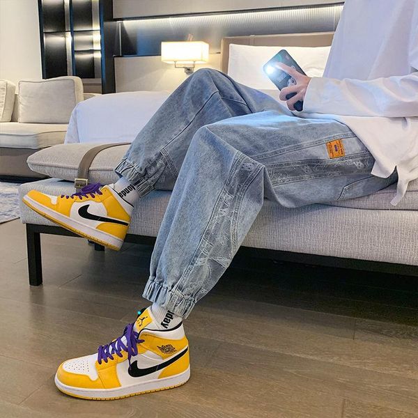men's jeans washed loose straight leg cashew flower stitching trousers mens tie-foot overalls hiphop streetwear nine-point denim pants, Blue
men's jeans washed loose straight leg cashew flower stitching trousers mens tie-foot overalls hiphop streetwear nine-point denim pants, Blue