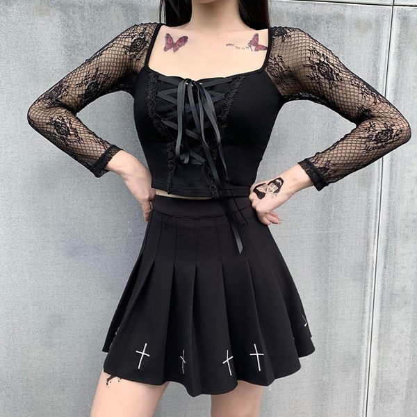 tee mesh long women's T-shirt, black fashion retro shoelaces, basic Gothic top, with holes autumn, White
tee mesh long women's T-shirt, black fashion retro shoelaces, basic Gothic top, with holes autumn, White