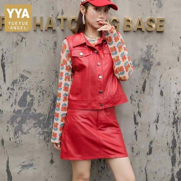two piece dress designer fashion genuine leather vest set womens autumn winter streetwear slim sheepskin a-line mini wrap skirt, White
two piece dress designer fashion genuine leather vest set womens autumn winter streetwear slim sheepskin a-line mini wrap skirt, White