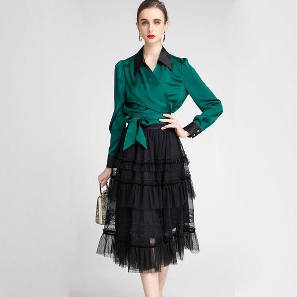 women's runway designer two piece dress turn down collar lace up shirt with tiered ruffles skirt fashion casual twinset, White
women's runway designer two piece dress turn down collar lace up shirt with tiered ruffles skirt fashion casual twinset, White