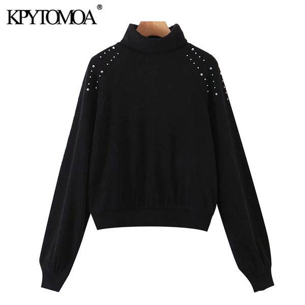 women fashion rivets appliques knitted sweater vintage high neck long sleeve female pullovers chic 210416, White;black
women fashion rivets appliques knitted sweater vintage high neck long sleeve female pullovers chic 210416, White;black