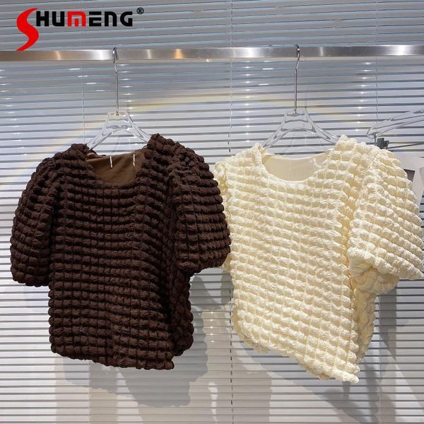women's t-shirt fashion three-dimensional plaid short 2021 summer solid color puff sleeve round neck tees for ladies, White
women's t-shirt fashion three-dimensional plaid short 2021 summer solid color puff sleeve round neck tees for ladies, White