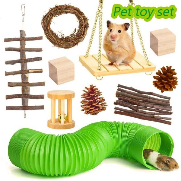 10pcs/set pet hamster chewing toys natural wooden swing exercise bell roller molars supplies cat