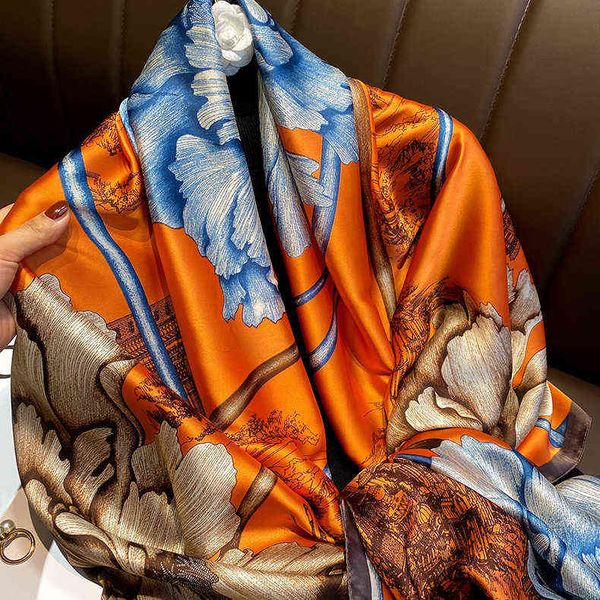 scarves 2022 sunscreen women's fashion printed shawl imitation silk versatile flower spring and autumn decorative scarv, Blue;gray 
scarves 2022 sunscreen women's fashion printed shawl imitation silk versatile flower spring and autumn decorative scarv, Blue;gray