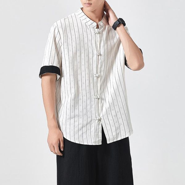 #0503 summer short sleeve shirt stand collar vertical striped for men loose chinese style casual vintage white blue men's shirts, White;black
#0503 summer short sleeve shirt stand collar vertical striped for men loose chinese style casual vintage white blue men's shirts, White;black