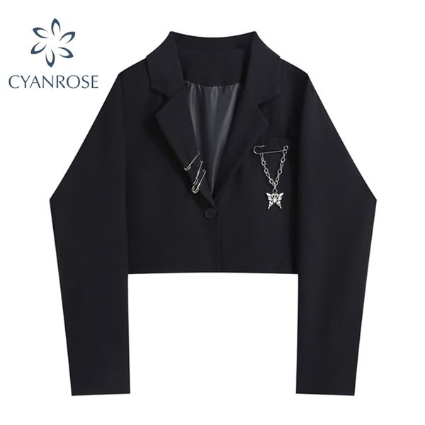 black gothic punk crop blazer coat streetwear v neck slim cardigan jacket with brooch female vintage fashion outerwear 210430, White;black
black gothic punk crop blazer coat streetwear v neck slim cardigan jacket with brooch female vintage fashion outerwear 210430, White;black