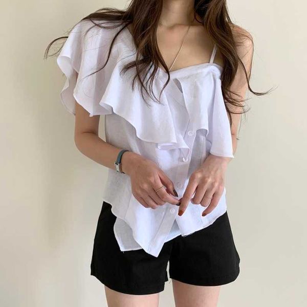 chic elegant slim off the shoulder ruffles patchwork side single-breasted spaghetti strap irregular blouse women blusas 210610, White
chic elegant slim off the shoulder ruffles patchwork side single-breasted spaghetti strap irregular blouse women blusas 210610, White